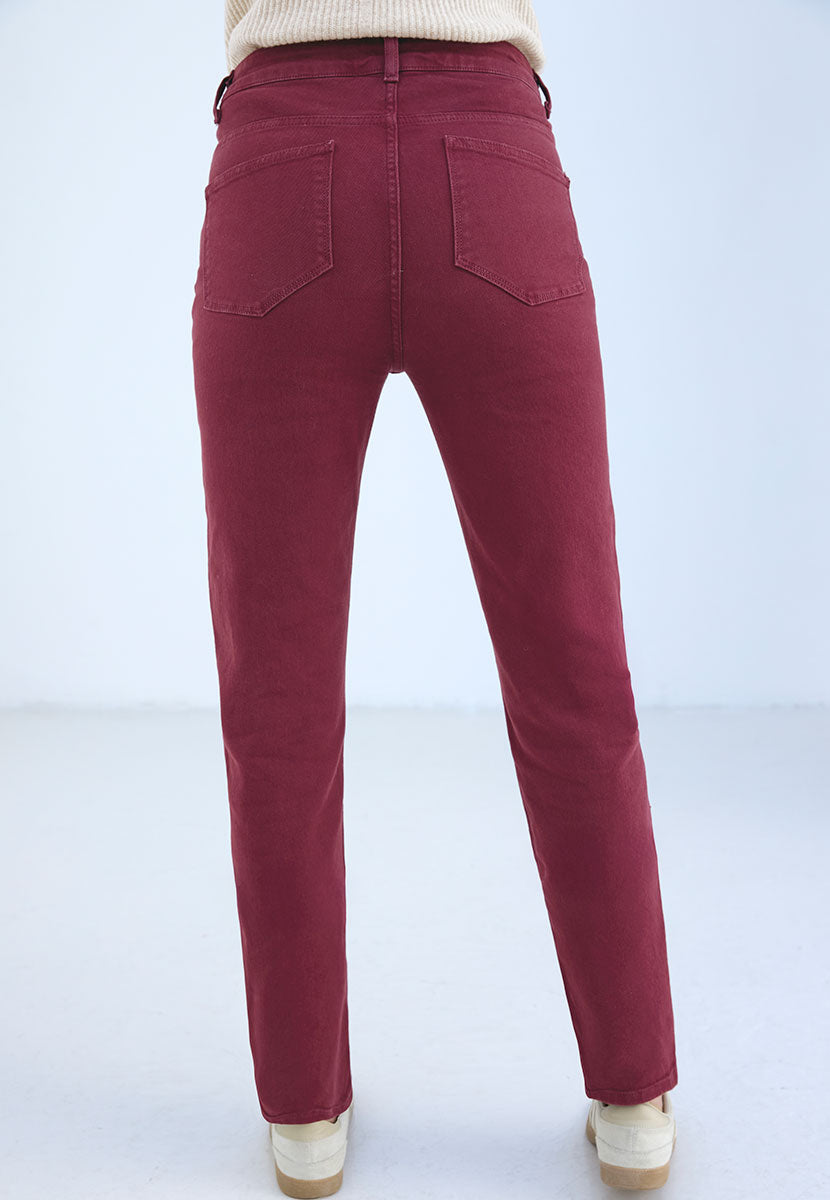 Sophia Slim Leg Jean 27 Inch Leg - Deep Berry Slim Fit Modern Everyday High Waisted Jean with Bias Cut Waistband Back View