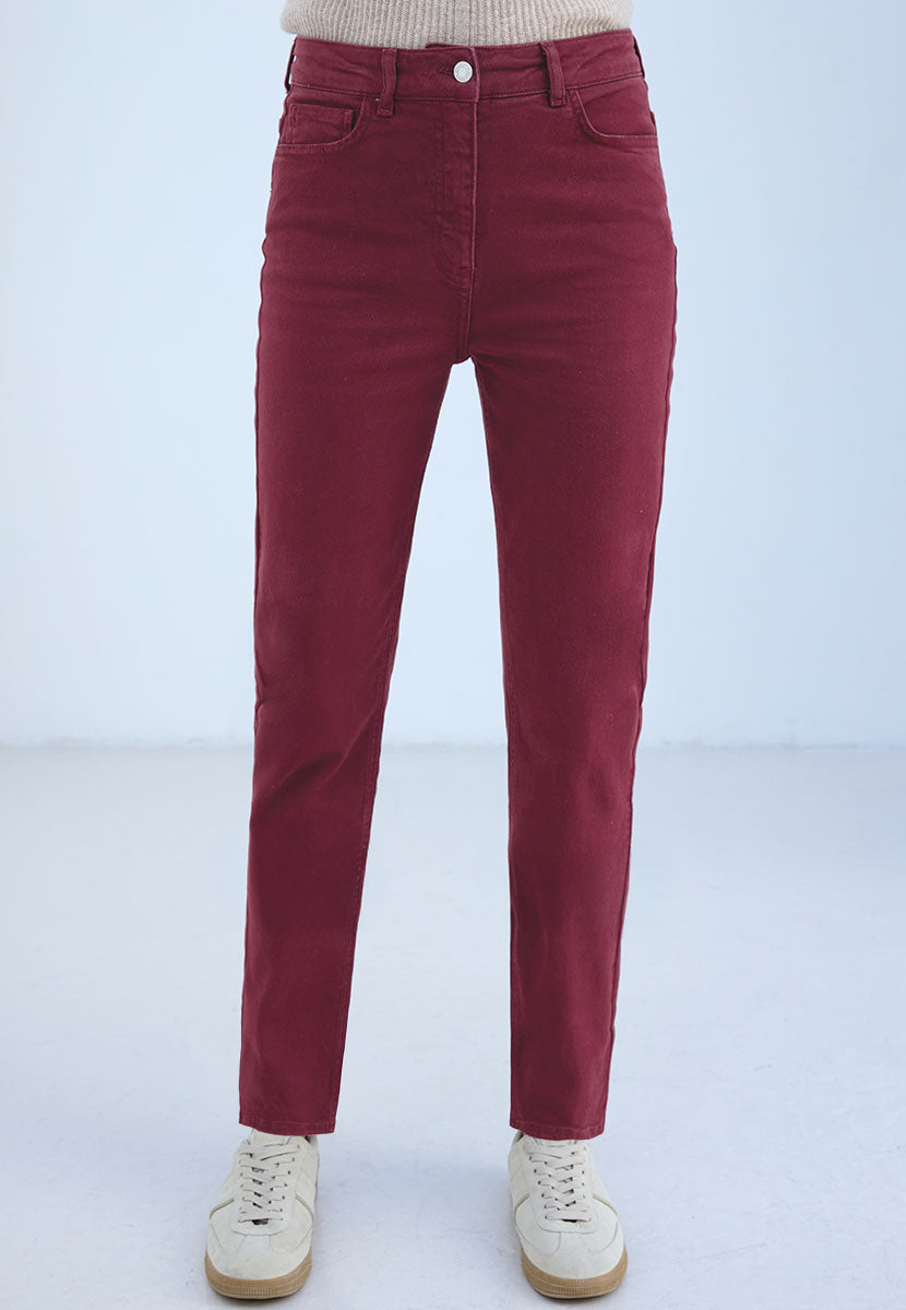 Sophia Slim Leg Jean 27 Inch Leg - Deep Berry Slim Fit Modern Everyday High Waisted Jean with Bias Cut Waistband Front Alt View