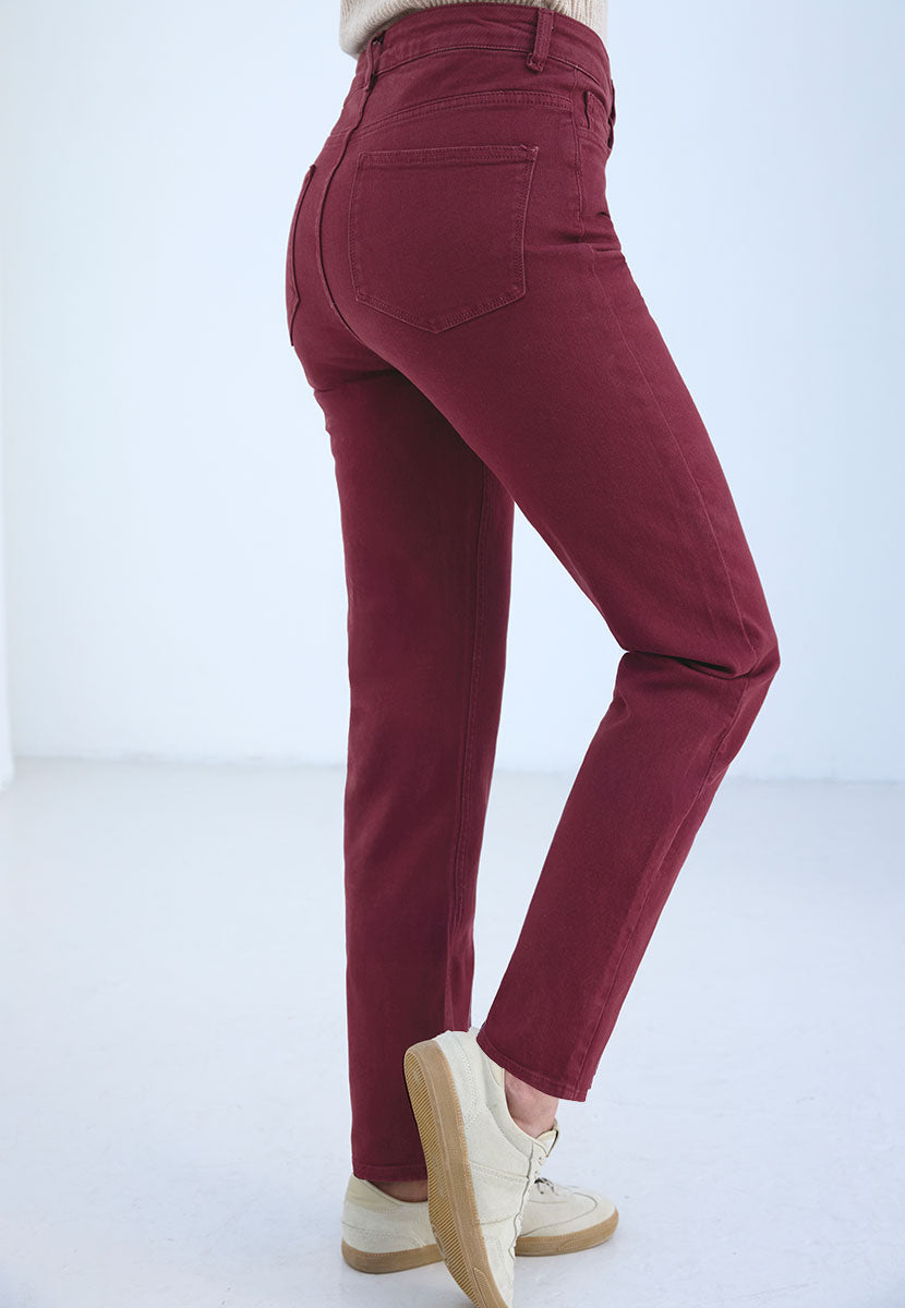 Sophia Slim Leg Jean 27 Inch Leg - Deep Berry Slim Fit Modern Everyday High Waisted Jean with Bias Cut Waistband Side View