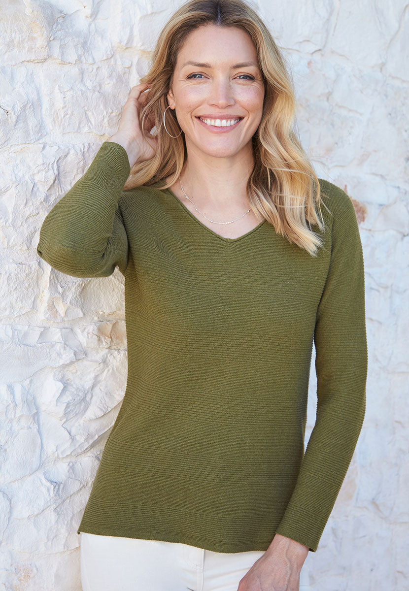 Sophie V-Neck Pure Cotton Long Sleeve Jumper - Dark Olive