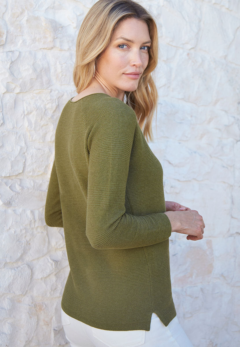 Sophie V-Neck Pure Cotton Long Sleeve Jumper - Dark Olive