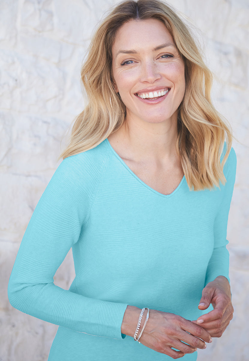 Sophie V-Neck Pure Cotton Long Sleeve Jumper - Fresh Aqua