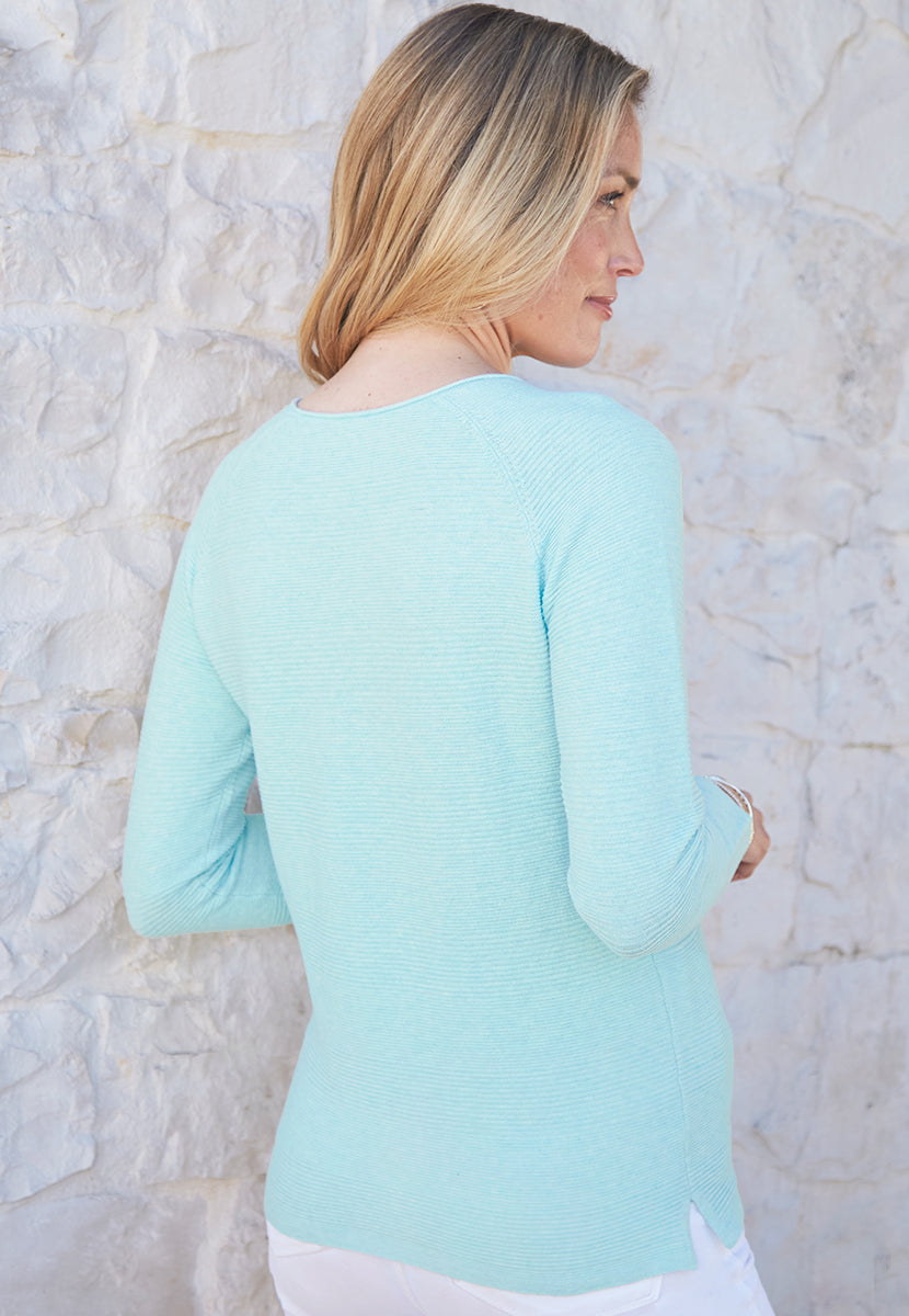 Sophie V-Neck Pure Cotton Long Sleeve Jumper - Spring Aqua