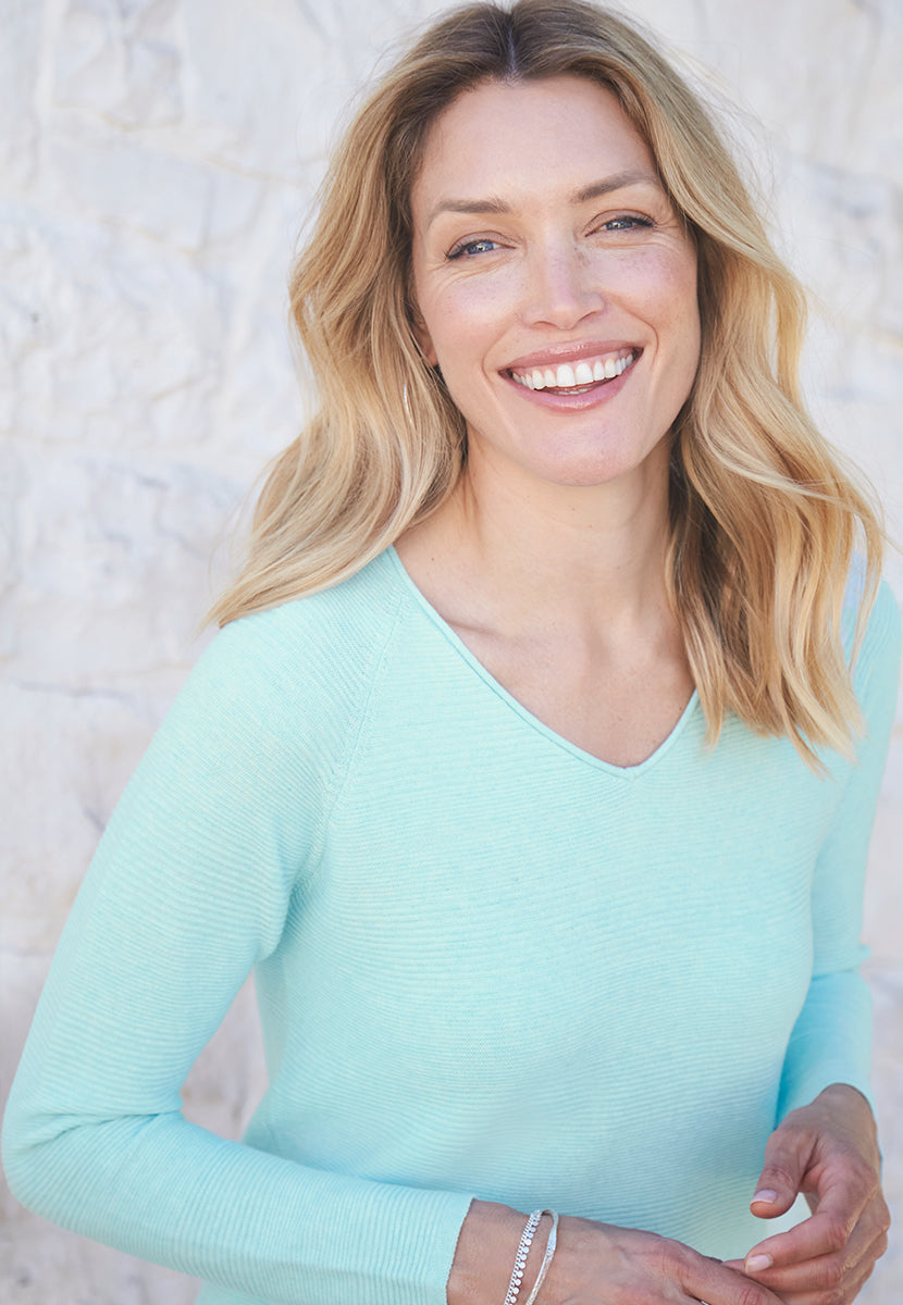 Sophie V-Neck Pure Cotton Long Sleeve Jumper - Spring Aqua