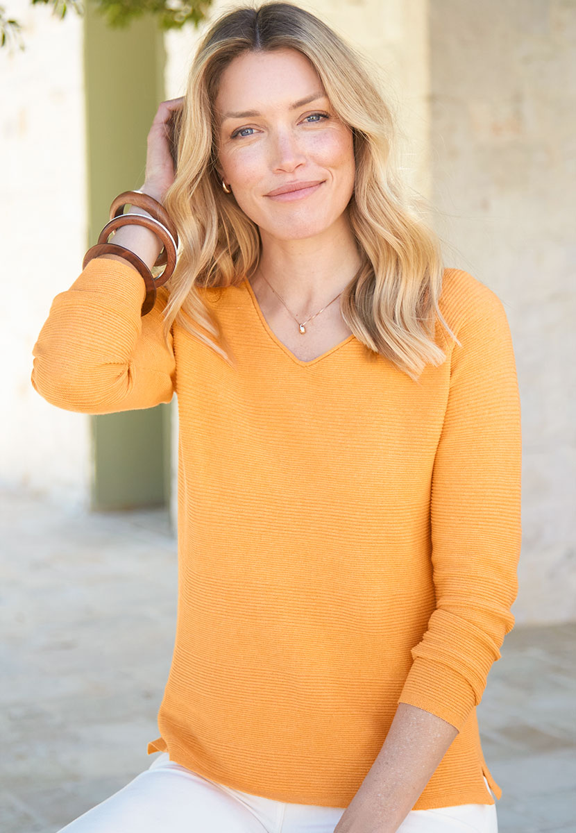 Sophie V-Neck Pure Cotton Long Sleeve Jumper - Sunray