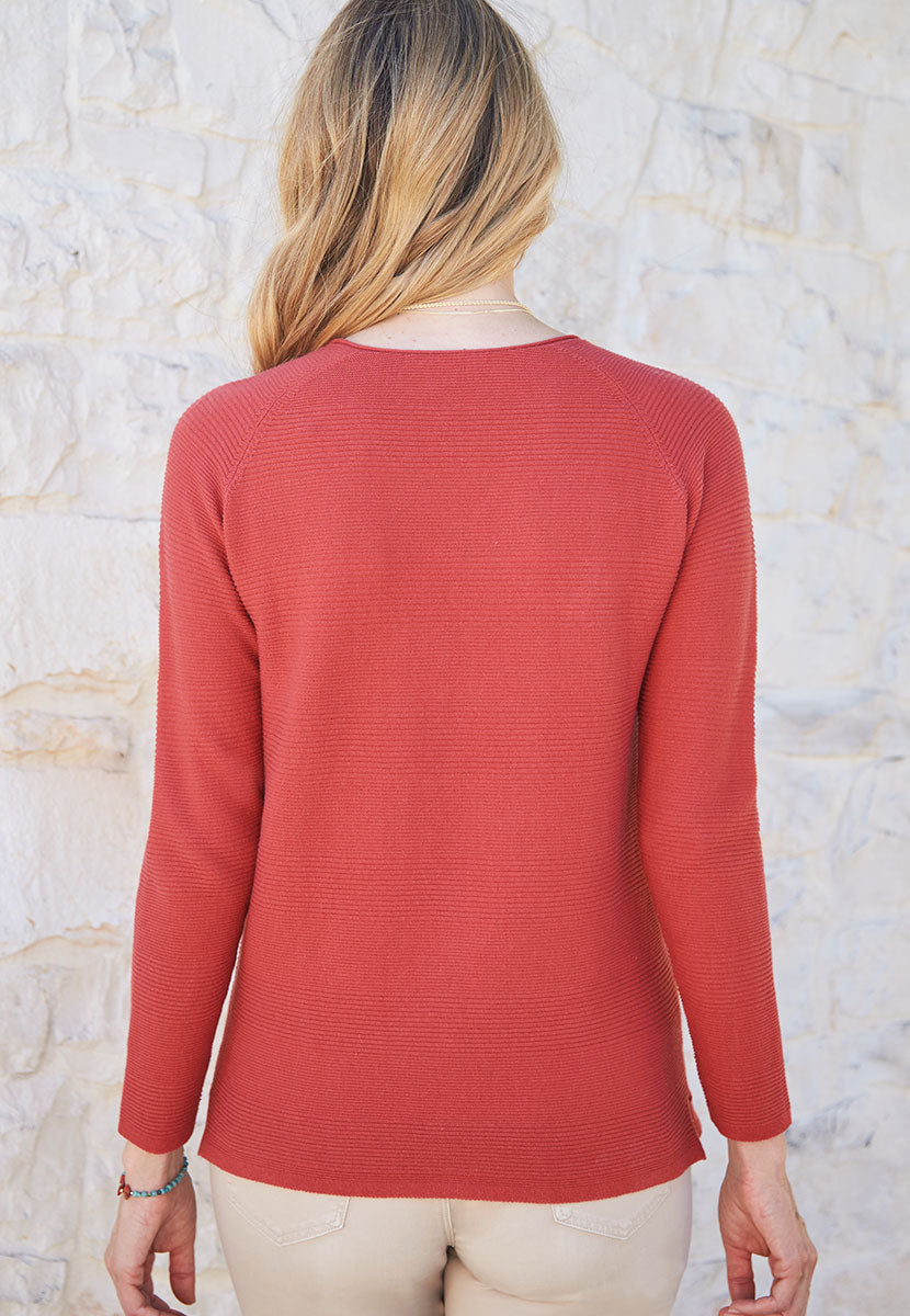 Sophie V-Neck Pure Cotton Long Sleeve Jumper - Terracotta Red