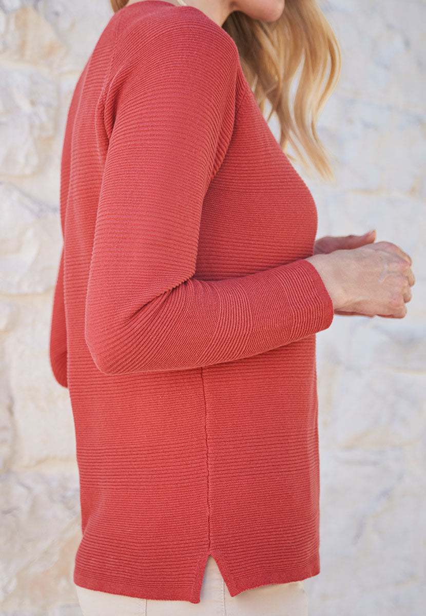 Sophie V-Neck Pure Cotton Long Sleeve Jumper - Terracotta Red