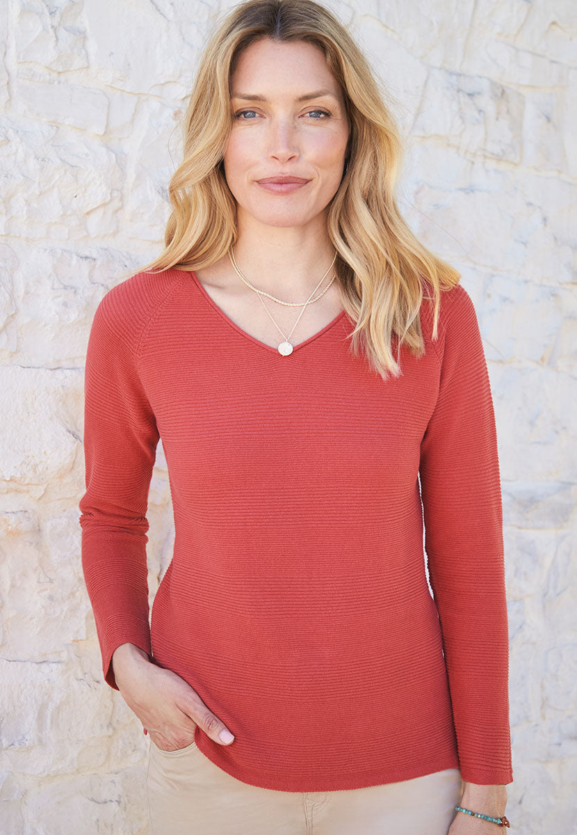 Sophie V-Neck Pure Cotton Long Sleeve Jumper - Terracotta Red