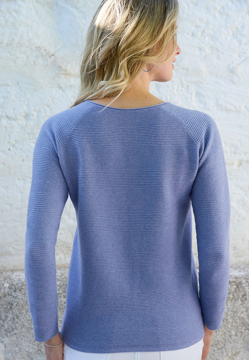 Sophie V-Neck Pure Cotton Long Sleeve Jumper - Cornflower Blue Medium Weight Purl Stitch Design Back View