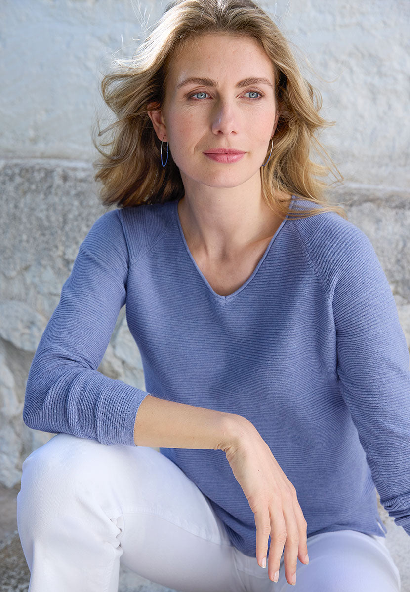 Sophie V-Neck Pure Cotton Long Sleeve Jumper - Cornflower Blue Medium Weight Purl Stitch Design