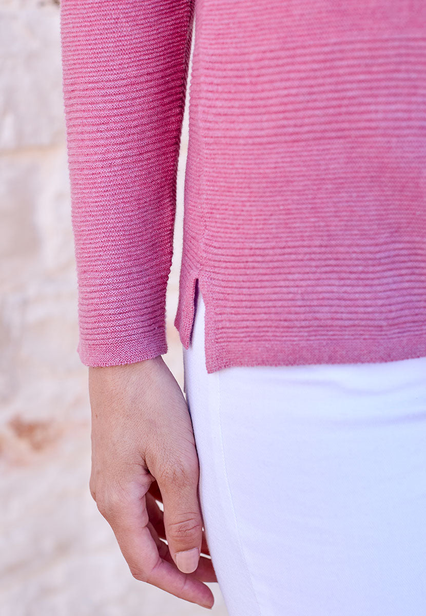 Sophie V-Neck Pure Cotton Long Sleeve Jumper - Rosebud Pink Medium Weight Purl Stitch Design Alt View