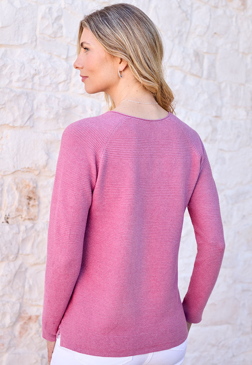 Sophie V-Neck Pure Cotton Long Sleeve Jumper - Rosebud Pink Medium Weight Purl Stitch Design Back View