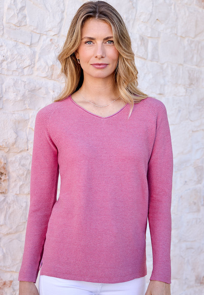 Sophie V-Neck Pure Cotton Long Sleeve Jumper - Rosebud Pink Medium Weight Purl Stitch Design