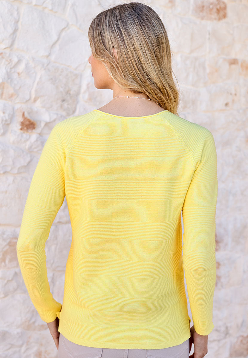 Sophie V-Neck Pure Cotton Long Sleeve Jumper - Soft Lemon Yellow Size 8 Medium Weight Purl Stitch Design Back View