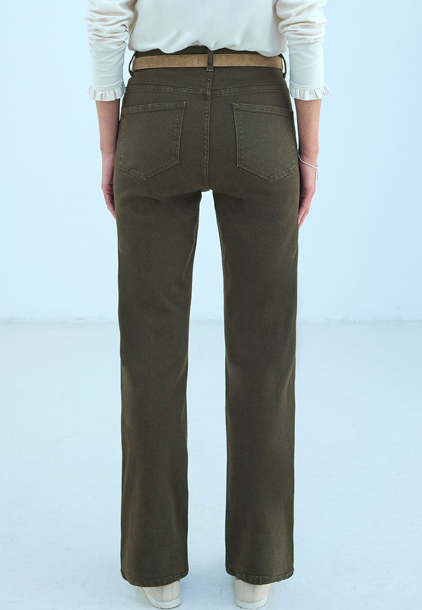 Stevie Straight Leg Jean 27 Inch Leg - Dark Olive Slim Fit Modern Design Comfortable Denim Bias Cut Waistband Back View