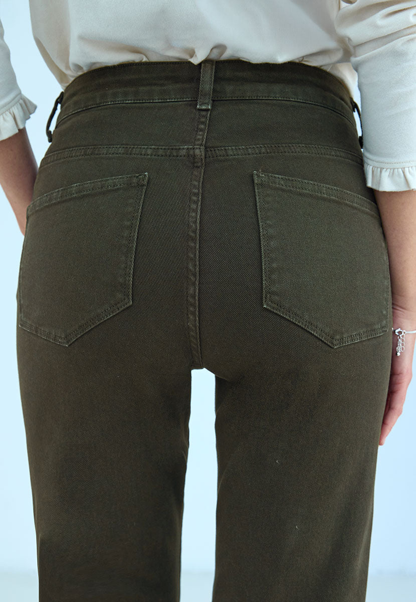 Stevie Straight Leg Jean 27 Inch Leg - Dark Olive Slim Fit Modern Design Comfortable Denim Bias Cut Waistband Back Detail View