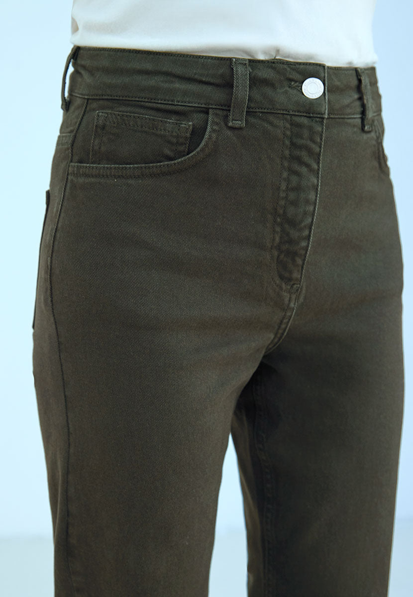 Stevie Straight Leg Jean 27 Inch Leg - Dark Olive Slim Fit Modern Design Comfortable Denim Bias Cut Waistband Front Detail View