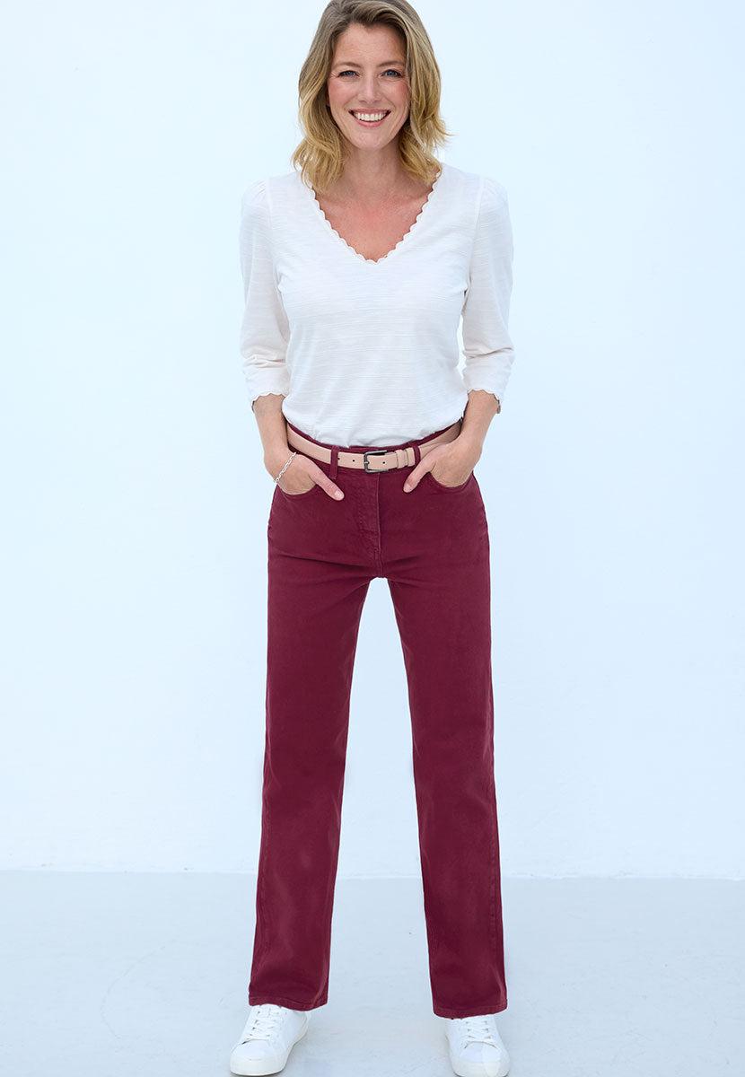 Stevie Straight Leg Jean 27 Inch Leg - Deep Berry Slim Fit Modern Design Comfortable Denim Bias Cut Waistband