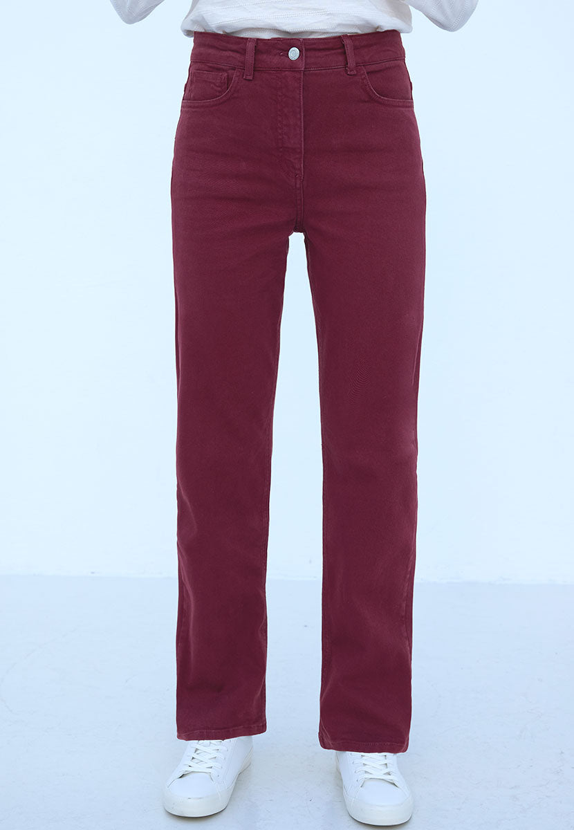 Stevie Straight Leg Jean 27 Inch Leg - Deep Berry Slim Fit Modern Design Comfortable Denim Bias Cut Waistband Front Alt View