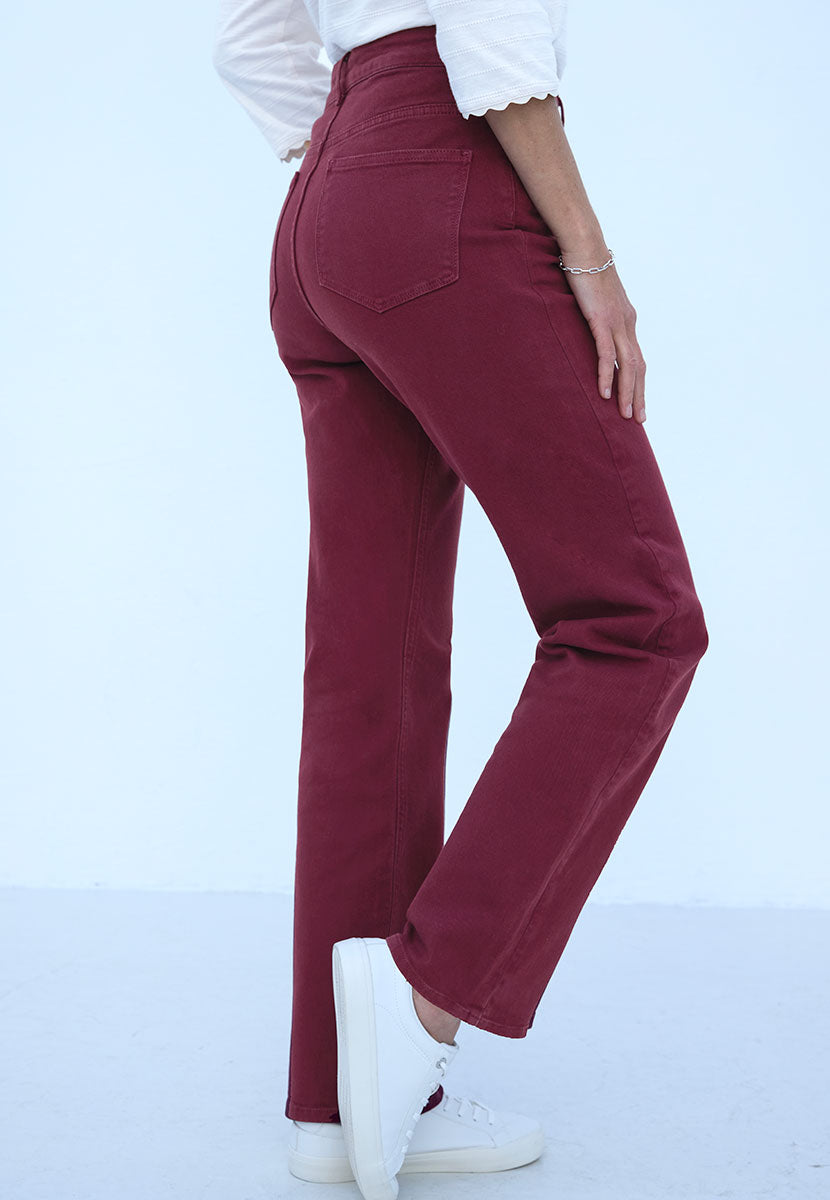 Stevie Straight Leg Jean 27 Inch Leg - Deep Berry Slim Fit Modern Design Comfortable Denim Bias Cut Waistband Side View