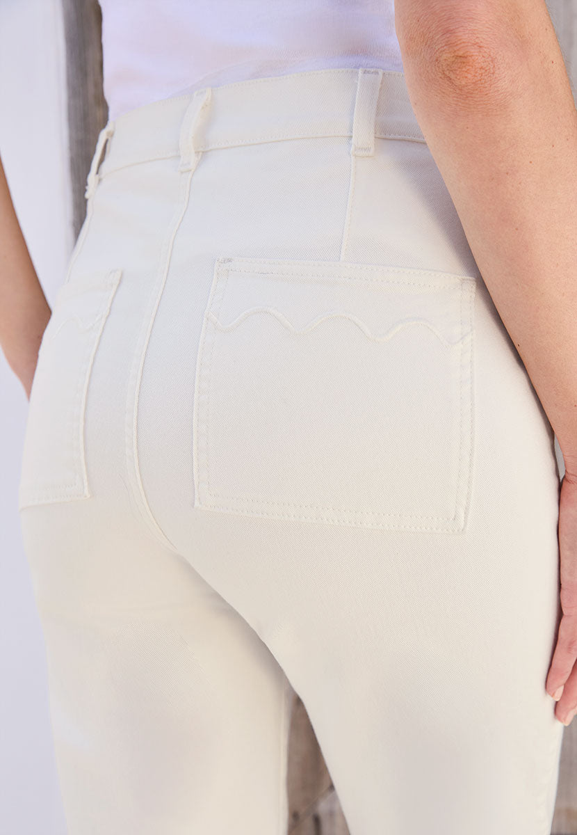 Susan Cropped Jean - Ecru Cream White Slim Waist Wide Leg Stretch Denim Back Detail View