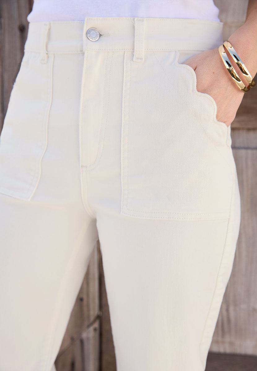 Susan Cropped Jean - Ecru Cream White Slim Waist Wide Leg Stretch Denim Front Detail Shot