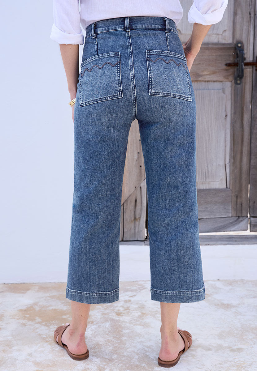 Susan Cropped Jean - Mid Denim Blue Slim Waist Wide Leg Stretch Denim Back View