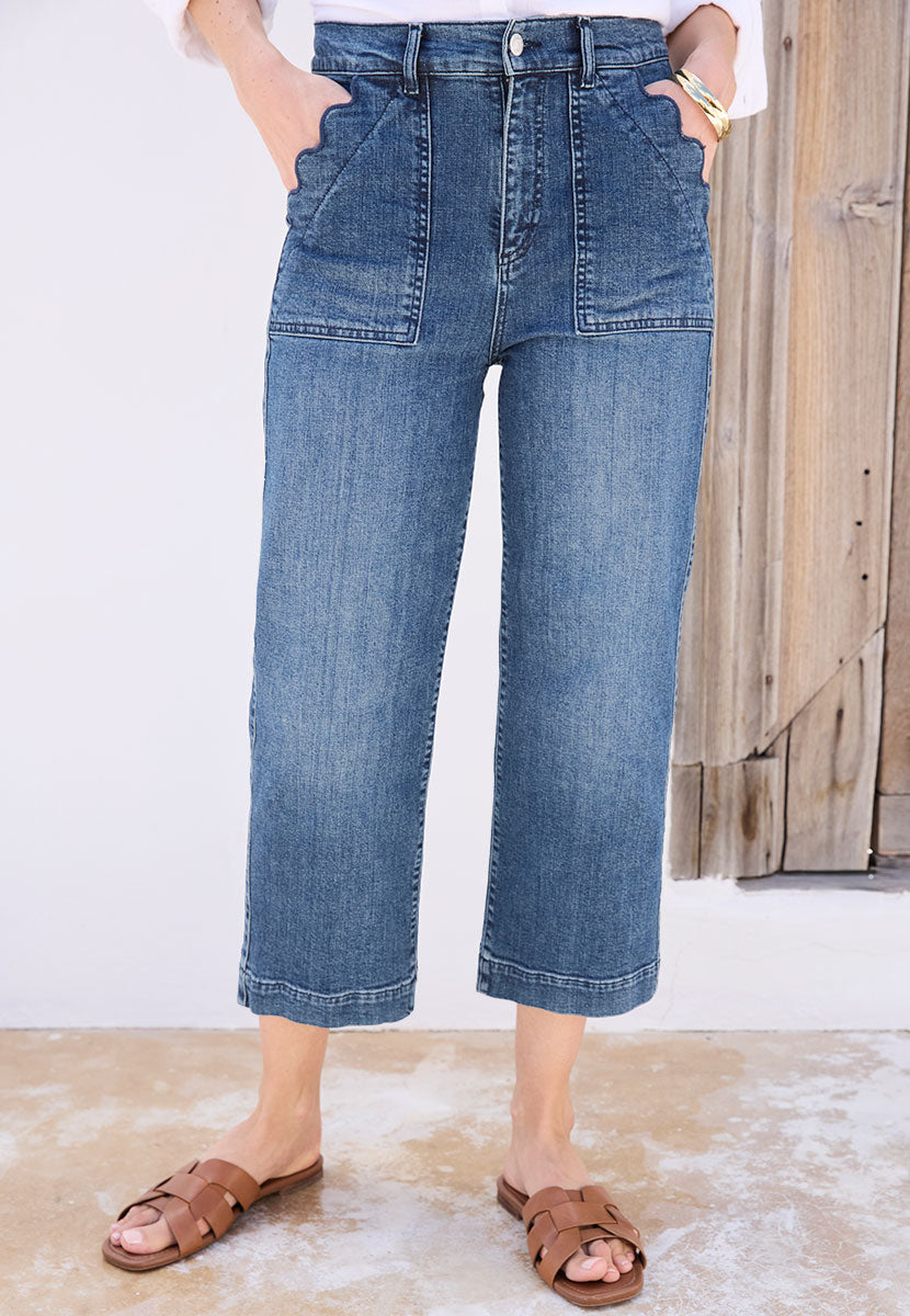 Susan Cropped Jean - Mid Denim Blue Slim Waist Wide Leg Stretch Denim Front Alt