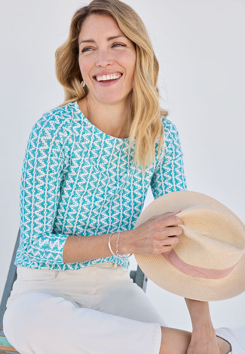 Suzi 3/4 Sleeve Boat Neck Cotton Top - Aquarelle Print