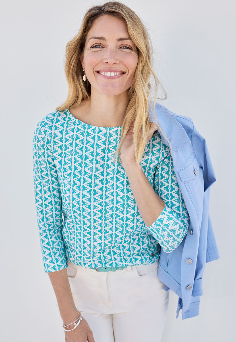 Suzi 3/4 Sleeve Boat Neck Cotton Top - Aquarelle Print