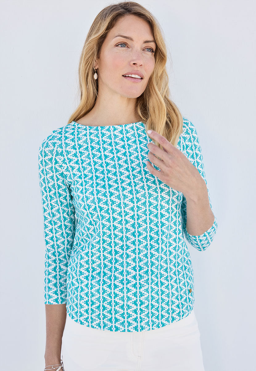 Suzi 3/4 Sleeve Boat Neck Cotton Top - Aquarelle Print