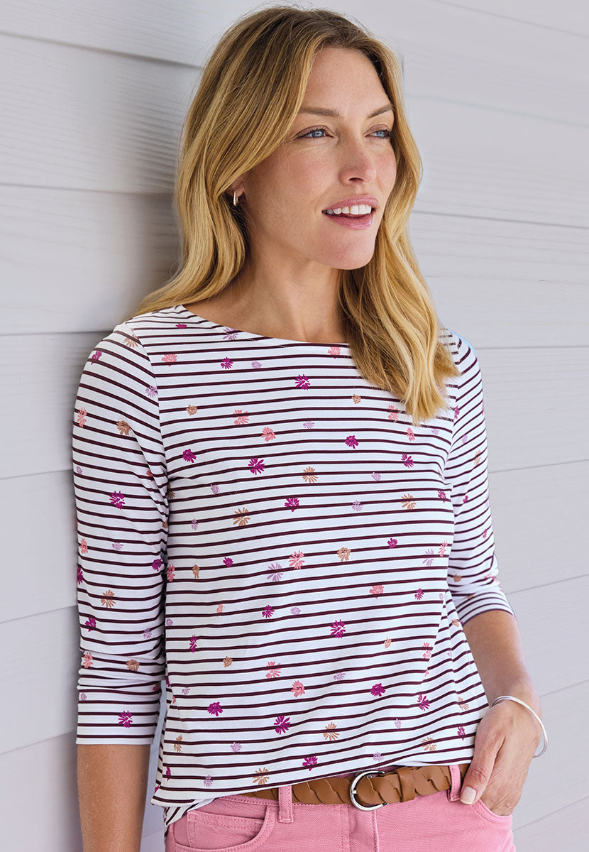 Suzi 3/4 Sleeve Boat Neck Cotton Top - Chocolate Stripe/Flower