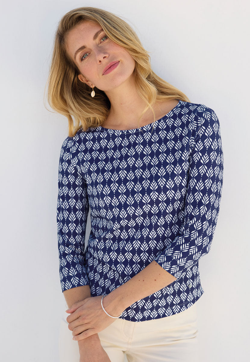 Suzi Cotton 3/4 Sleeve Top - French Navy Blue Print Flattering Boat Neck Design in Soft Stretch Fabric Alt Detail