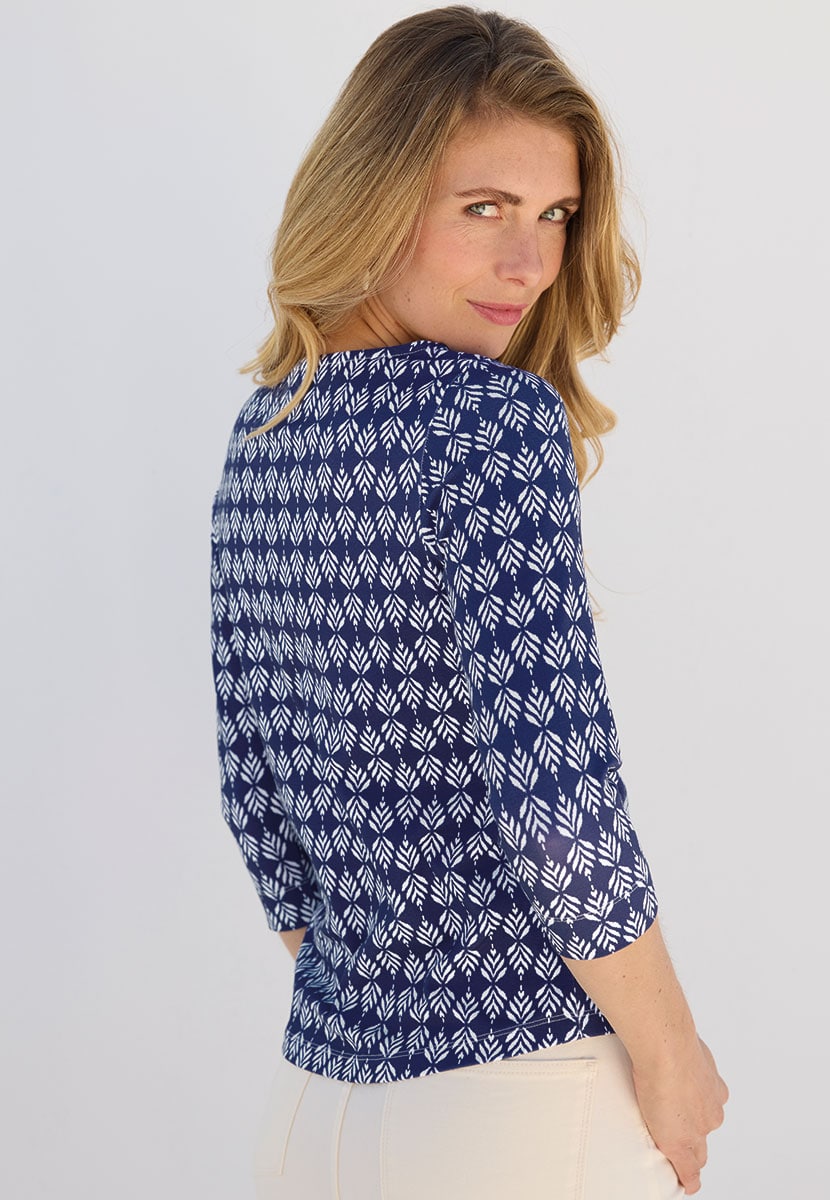 Suzi Cotton 3/4 Sleeve Top - French Navy Blue Print Flattering Boat Neck Design in Soft Stretch Fabric Back View