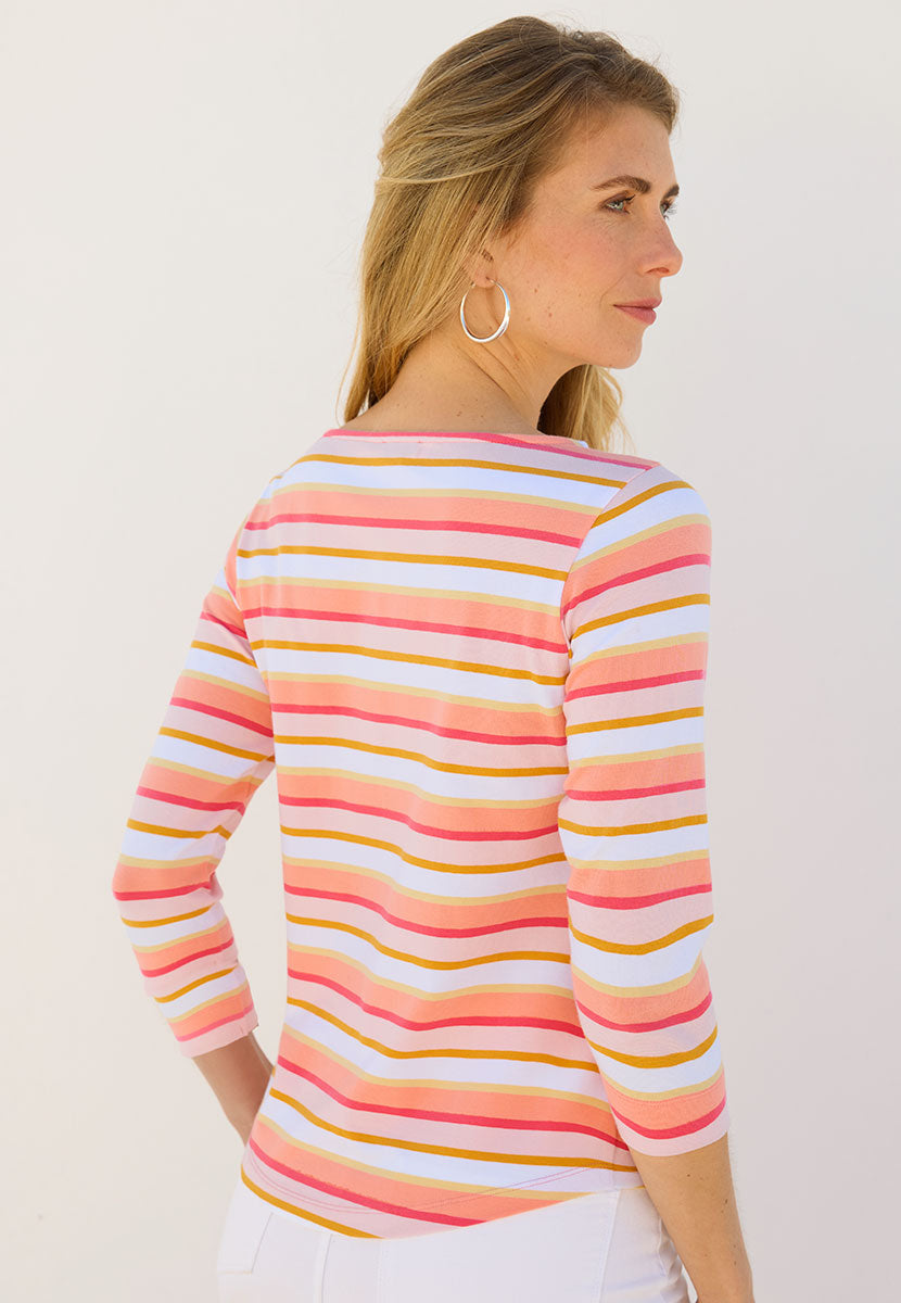 Suzi 3 Quarter Sleeve Cotton Top - Golden Stripe Flattering Boat Neck Style Soft Stretch Fabric Back View