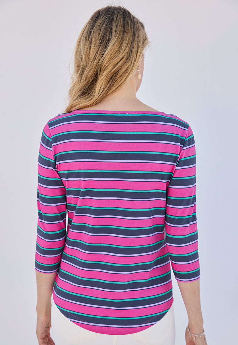 Suzi 3/4 Sleeve Boat Neck Cotton Top Stripe - Hot Pink Stripe