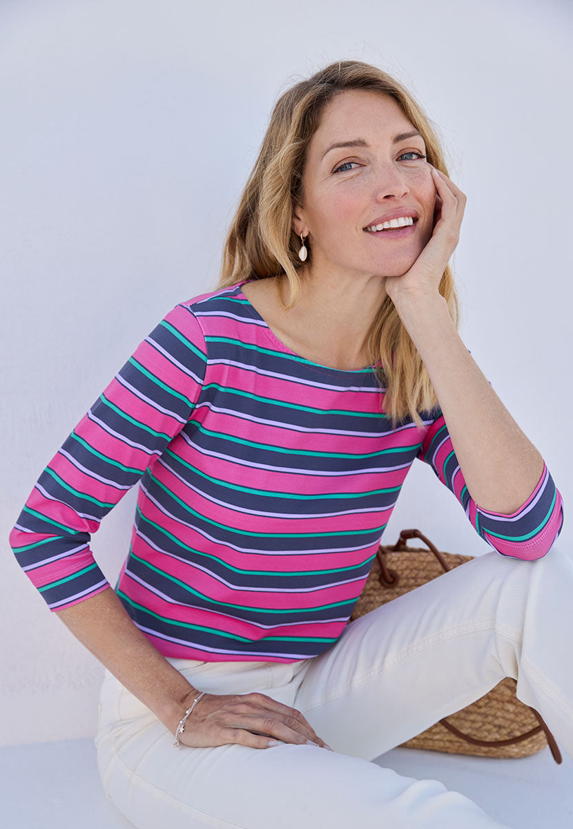 Suzi 3/4 Sleeve Boat Neck Cotton Top Stripe - Hot Pink Stripe