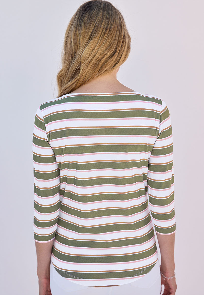 Suzi 3/4 Sleeve Boat Neck Cotton Top - Olive Stripe