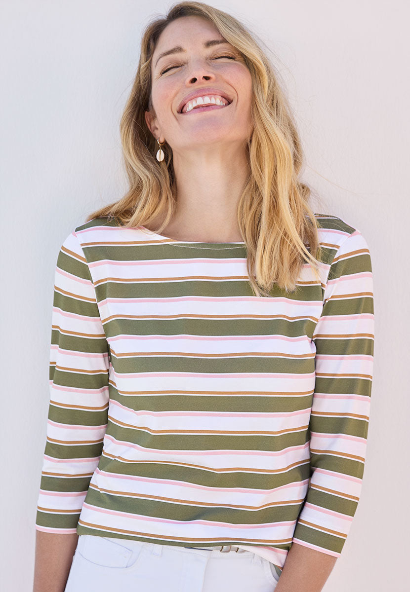 Suzi 3/4 Sleeve Boat Neck Cotton Top - Olive Stripe
