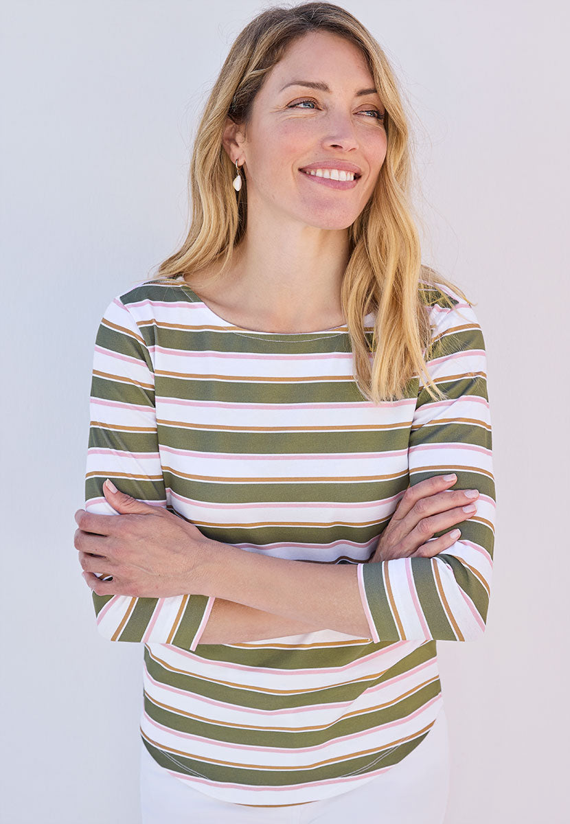 Suzi 3/4 Sleeve Boat Neck Cotton Top - Olive Stripe