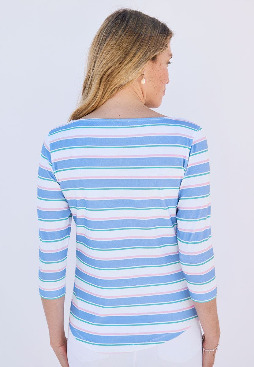 Suzi 3/4 Sleeve Boat Neck Cotton Top - Pastel Stripe