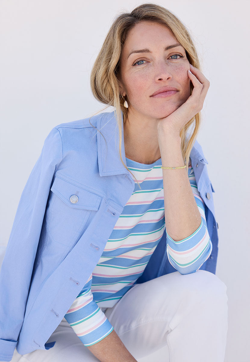 Suzi 3/4 Sleeve Boat Neck Cotton Top - Pastel Stripe