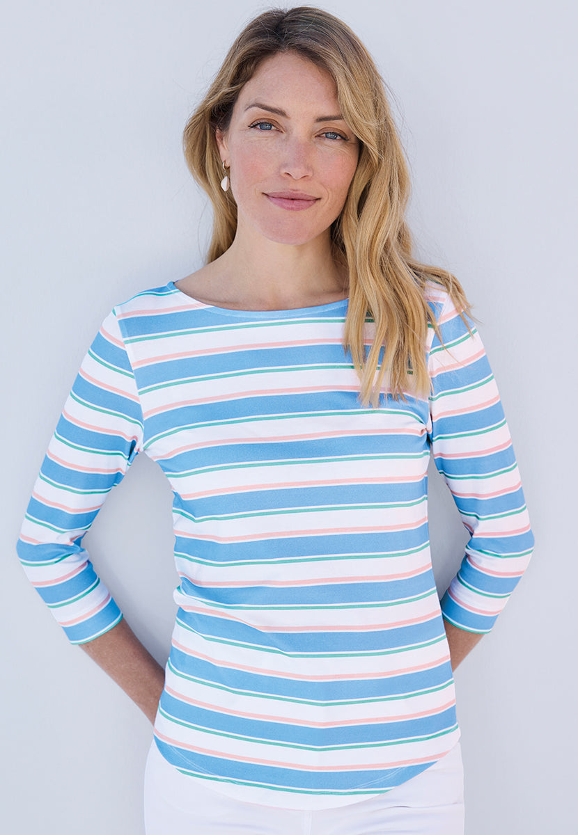 Suzi 3/4 Sleeve Boat Neck Cotton Top Stripe - Pastel Stripe