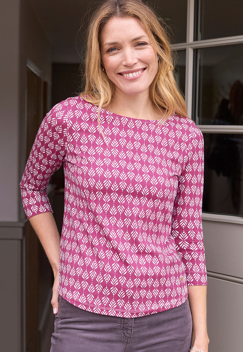 Suzi 3/4 Sleeve Boat Neck Cotton Top - Rich Cerise