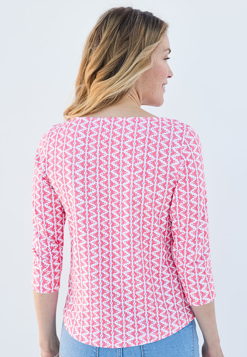 Suzi 3/4 Sleeve Boat Neck Cotton Top Stripe - Rose Pink Print