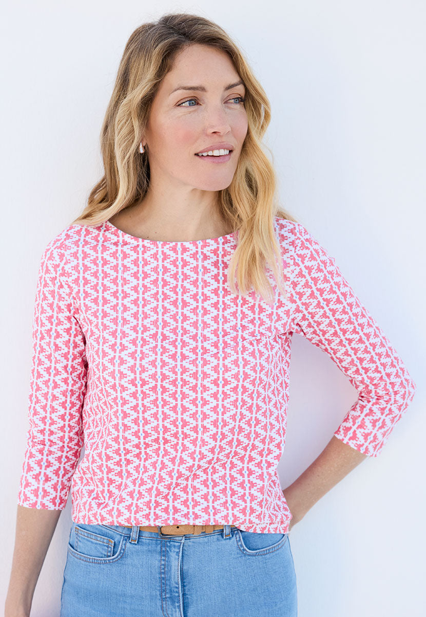 Suzi 3/4 Sleeve Boat Neck Cotton Top Stripe - Rose Pink Print