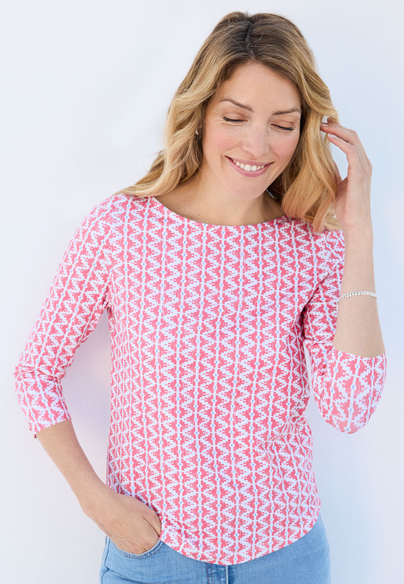 Suzi 3/4 Sleeve Boat Neck Cotton Top Stripe - Rose Pink Print