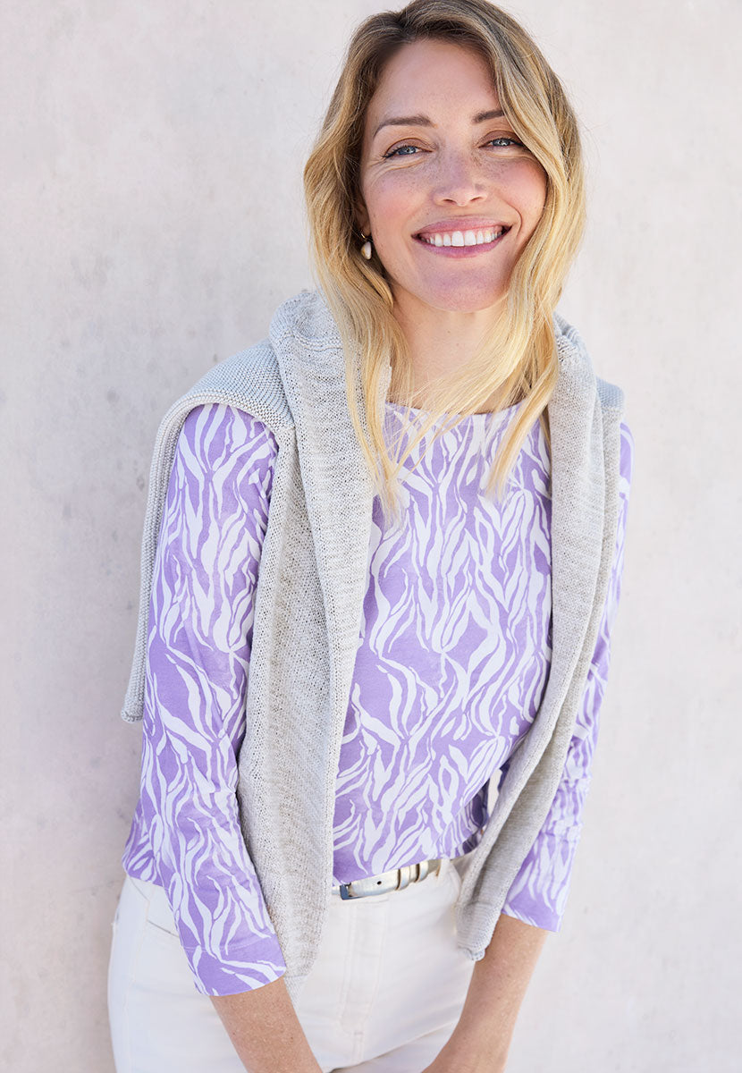 Suzi 3/4 Sleeve Boat Neck Cotton Top - Soft Purple