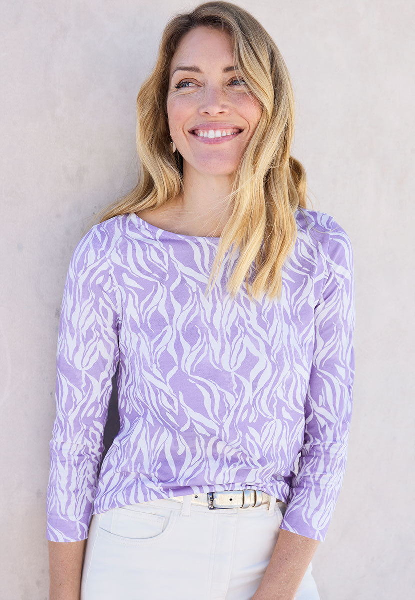 Suzi 3/4 Sleeve Boat Neck Cotton Top - Soft Purple