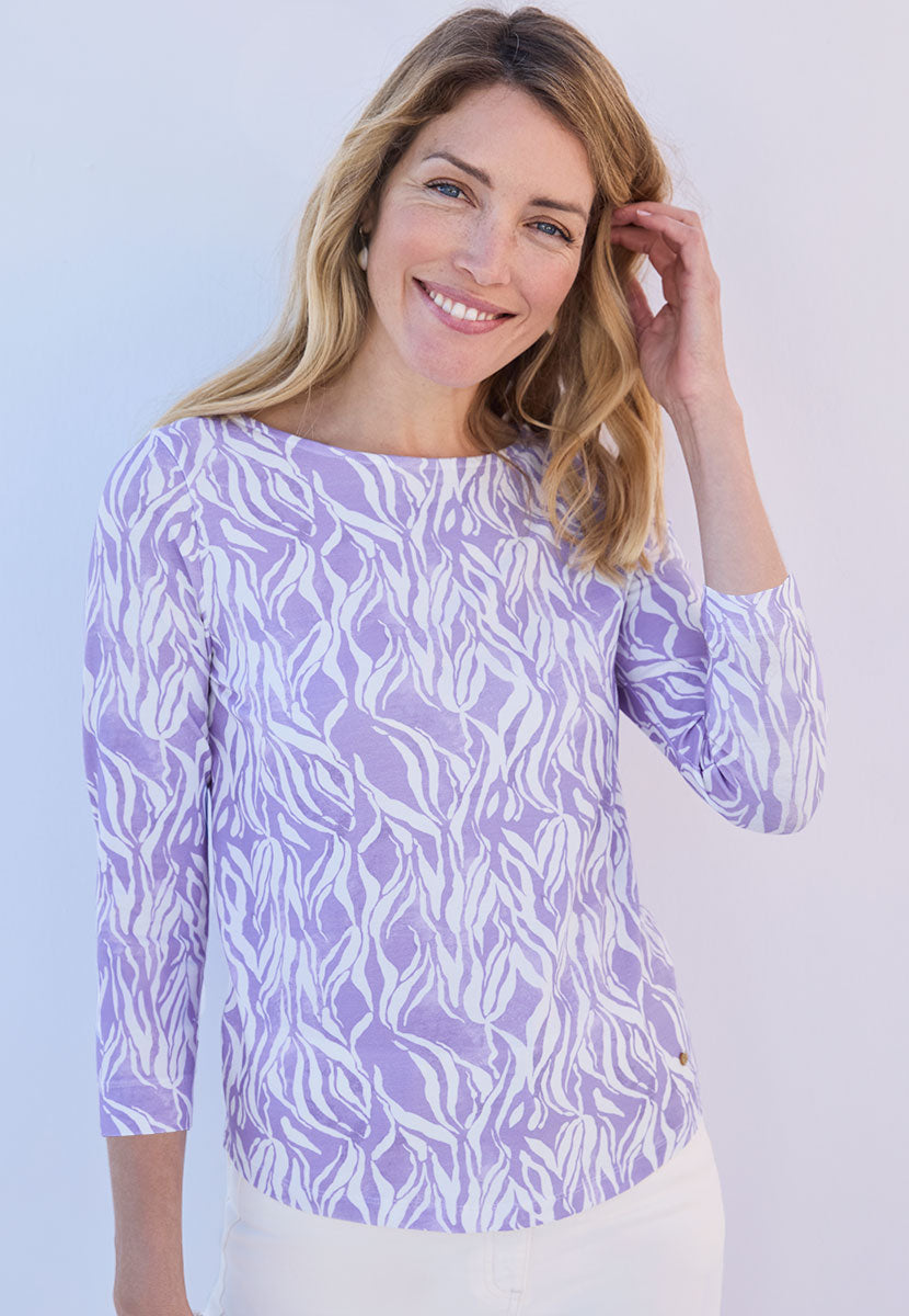 Suzi 3/4 Sleeve Boat Neck Cotton Top - Soft Purple